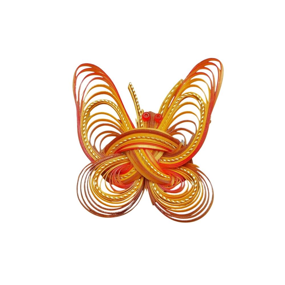 Vintage Bamboo Quilled Butterfly Brooch Handmade Taiwan Woven Orange Red Pin 70s